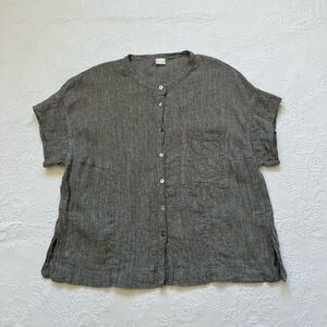 Poetry Crinkle Texture Linen Cotton Blend Button Front Top Size 10 Gray